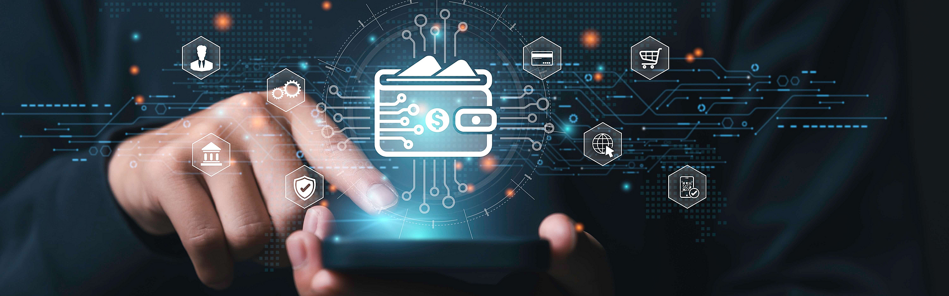 Geschäftsmann nutzt Smartphone für Online-Zahlung per Digital Wallet. Transaktion über Mobile Banking, E-Wallet über Blockchain-Technologie. Überweisung, Kreditkarte, Finanzen und globales Online-Geschäft
