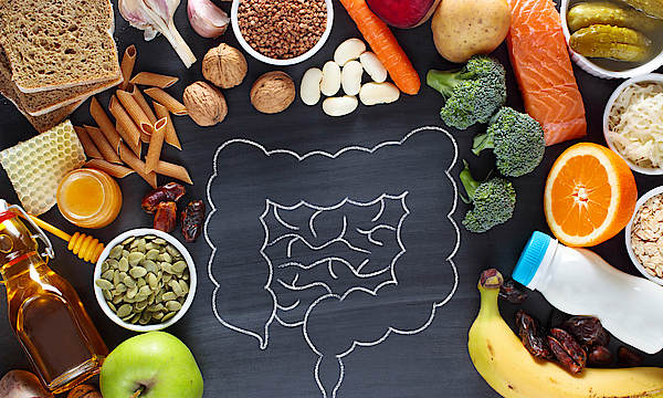 Zu sehen ist ein gezeichneter Darm. Um ihn herum liegen gesunde Lebensmittel, zum Beispiel Obst und Gemüse. Diese fördern die Gesundheit des Darms.