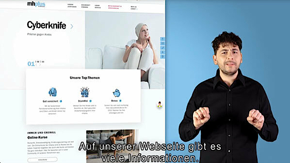 Das Bild zeigt den Beginn des Videos zum Inhalt der mhplus Internetseite. Es ist in Deutscher Gebärdensprache.