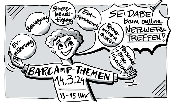 Karikatur: Es wird im Comic-Stil das Barcamp mit Datumsnennung beschrieben.