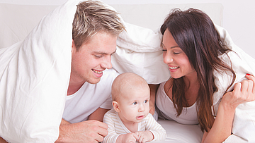 Ein Elternpaar liegt zugedeckt mit dem Baby im Bett.