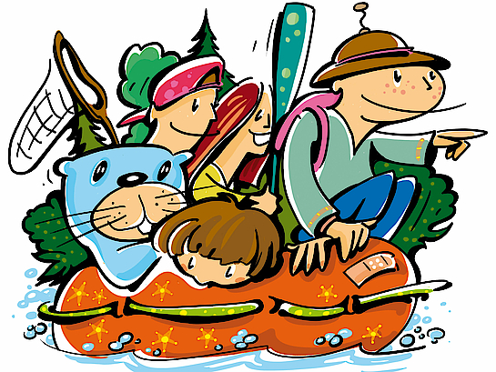 Pfiffix hat ein Fischernetz in der Hand und sitzt mit Kindern in einem Boot auf dem Wasser.