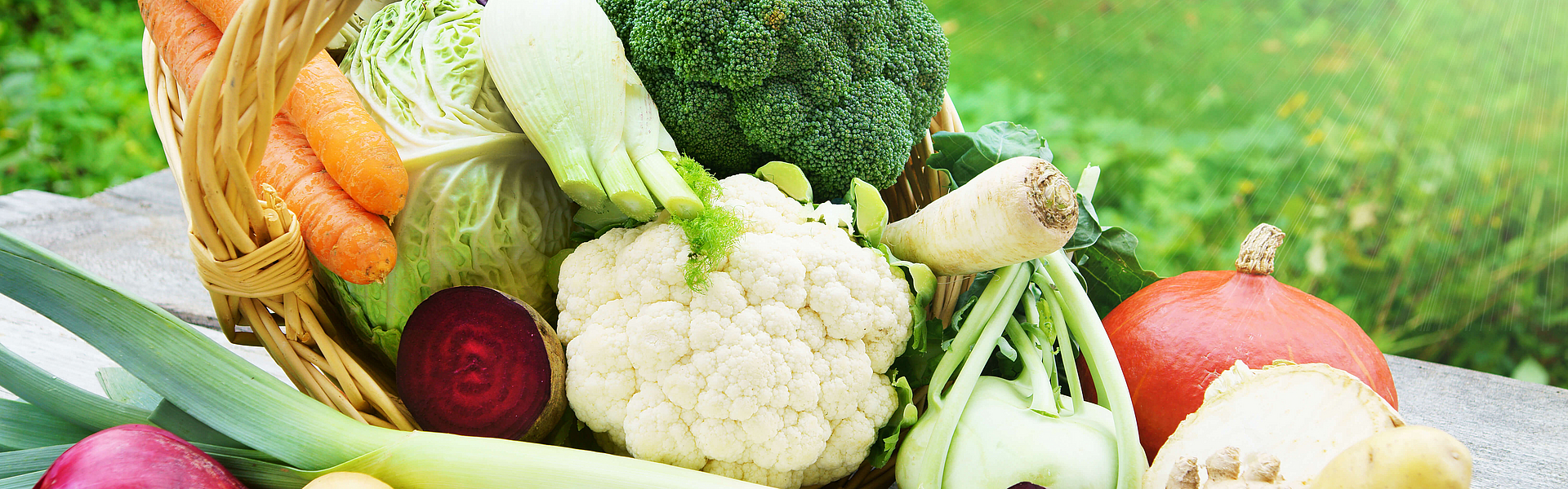 Verschiedene Wintergemüse wie Kohlrabi, Lauch, Kurbis, Karotten, Sellerie, Brokkoli liegen auf einem Holztisch der vor einem Rasen steht.