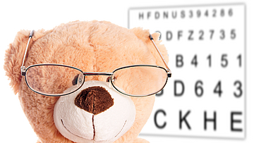 Ein Kind und der Teddy-Bär machen bei der Online-Sehschule Caterna mit.