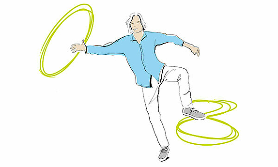Grafik: Ein Mann ist in Bewegung, er beschreibt mit dem rechten Arm einen Kreis und mit dem linken Fuß eine liegende Acht.