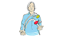 Grafik: Mann übt das jonglieren mit zwei kleinen Bällen. Die Bälle werden von einer Hand in die andere geworfen.
