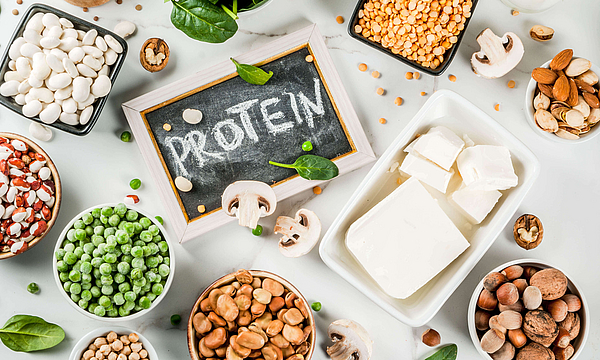 Gesunde veganische Ernährung, vegetarische Proteinquellen: Tofu, veganische Milch, Bohnen, Linsen, Nüsse, Sojamilch, Spinat und Samen. Draufsicht auf weißem Tisch.