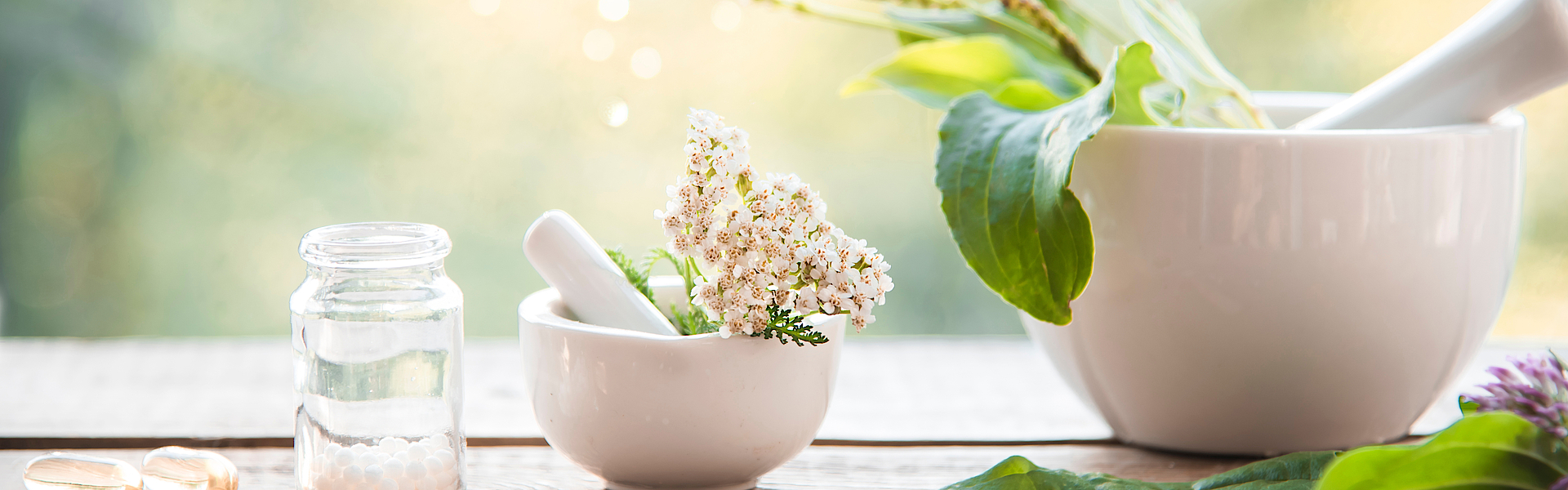 Auf einem Tisch steht ein Mörser mit Stößel. Drum herum sind verschiedene Pflanzen angeordnet. Sie alle wirken im Rahmen der Naturmedizin. Ein kleines Fläschen steht daneben. In dieses soll die Medizin eingefüllt werden. Es ist noch leer.