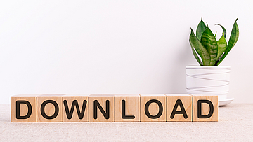 Würfel aus Holz bilden das Wort Download. Sie sind vor einer Pflanze angeordnet.