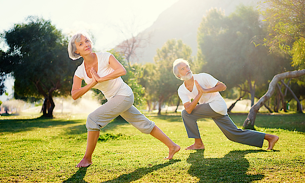 Ein älterer Mann und eine ältere Frau stehen auf einer Wiese. Sie tragen sportliche und bequeme Kleidung. Sie machen Yoga. Sie lächeln zufrieden.