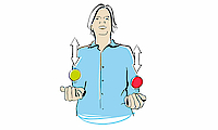 Grafik: Ein Mann übt mit zwei kleinen Bällen. Die Bälle sollen senkrecht nach oben geworfen werden, dies wird mit zwei senkrechten Pfeilen dargestellt. 