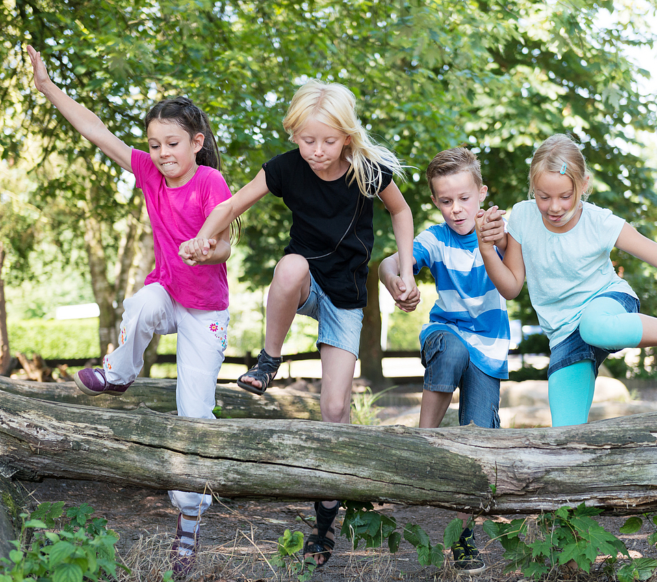 Kinder im Wald hüpfen über einen Baumstamm.