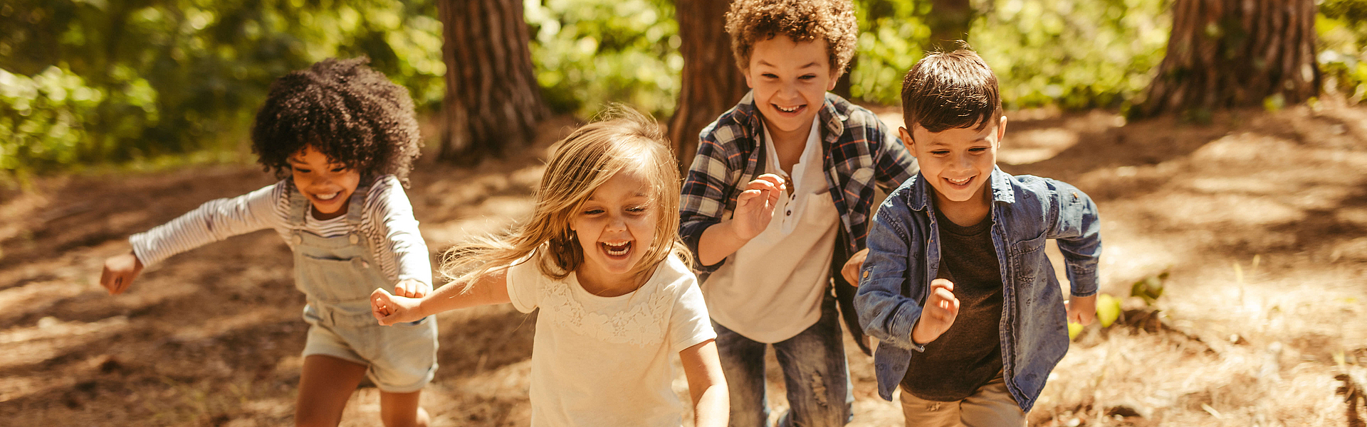 Eine Gruppe von Kindern läuft im Wald auf. Mehrere ethnische Kinder, die im Wald zusammen spielen.