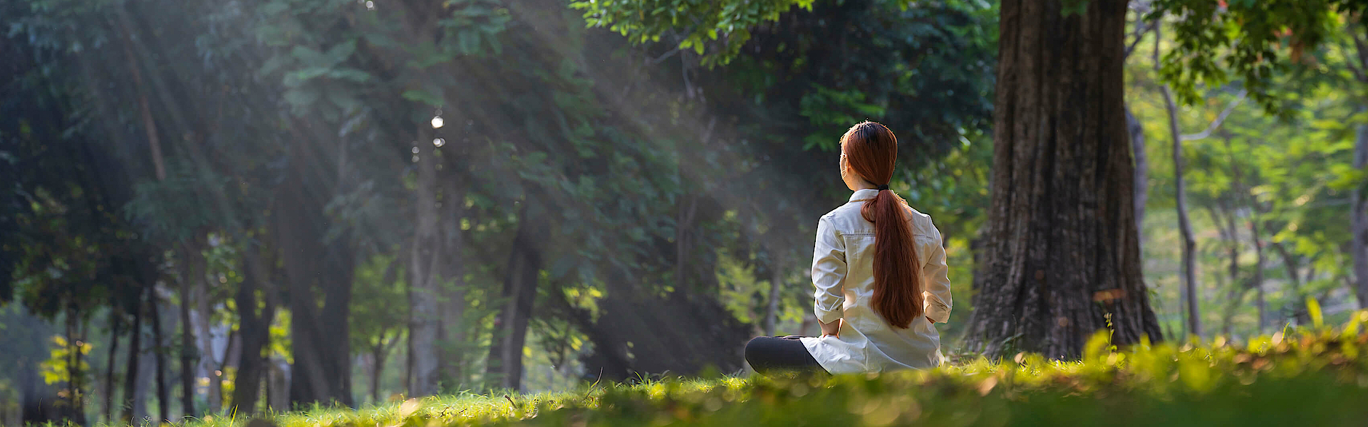 Eine Frau sitzt ganz entspannt am Waldrand auf einer Wiese, wahrscheinlich meditiert sie. Die Sonne scheint zwischen den Ästen hindurch.