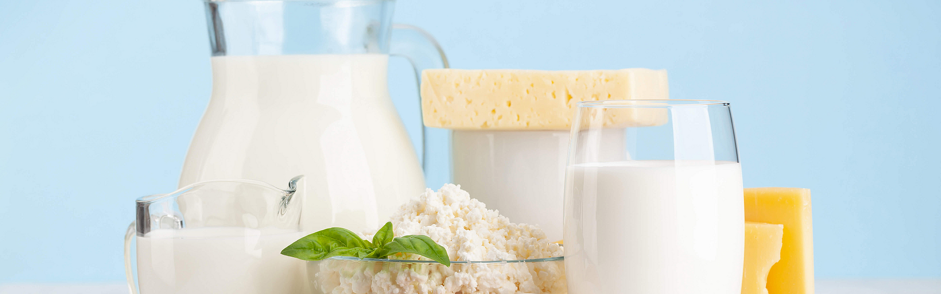 Proteinhaltige Lebensmittel wie Eier, Milch, Käse stehen auf einem Tisch