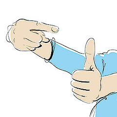 Grafik: Fingerwechsel, an rechter Hand ist der Zeigefinger ausgestreckt und gleichzeitig ist an der linken Hand den Daumen nach oben gestreckt. Alle anderen Finger machen eine Faust