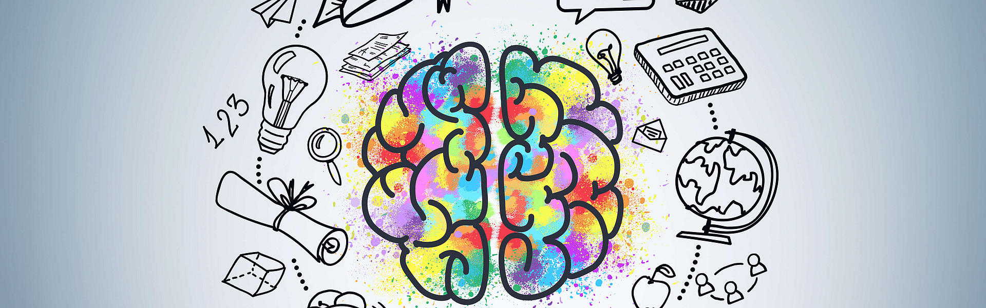 Man sieht Grafiken zu Bildungsthemen und eine Hirnskizze. 