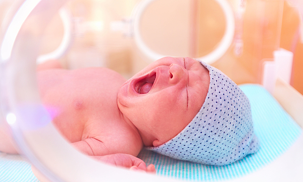 Ein Neugeborenes liegt in einem Brutkasten. Es hat eine blaue gestrickte Mütze auf und gähnt.