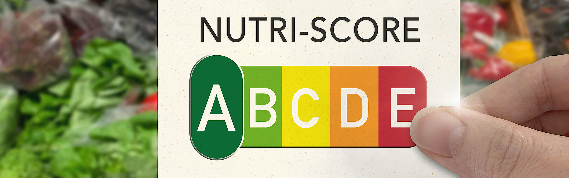 Eine Hand hält die Tabelle des Nutri Scores von A bis E in der Hand. Dahinter sieht man Gemüse.