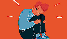 In der Illustration ist ein kleiner Junge zu sehen, der auf dem Boden sitzt und seine Knie umarmt. Er sieht traurig aus.