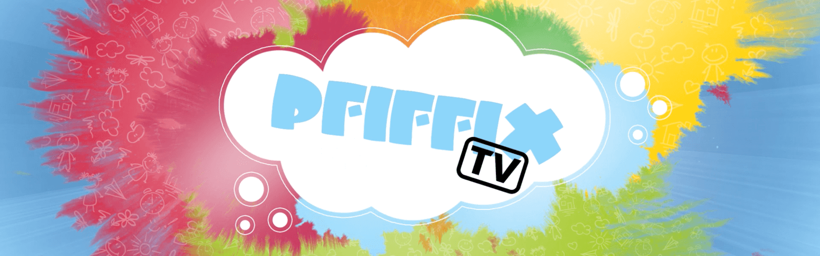 Bunte Farbkleckse, in der Mitte steht PFIFFIX TV.