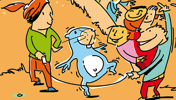 Pfiffix sprint mit seinen Freunden Springseil