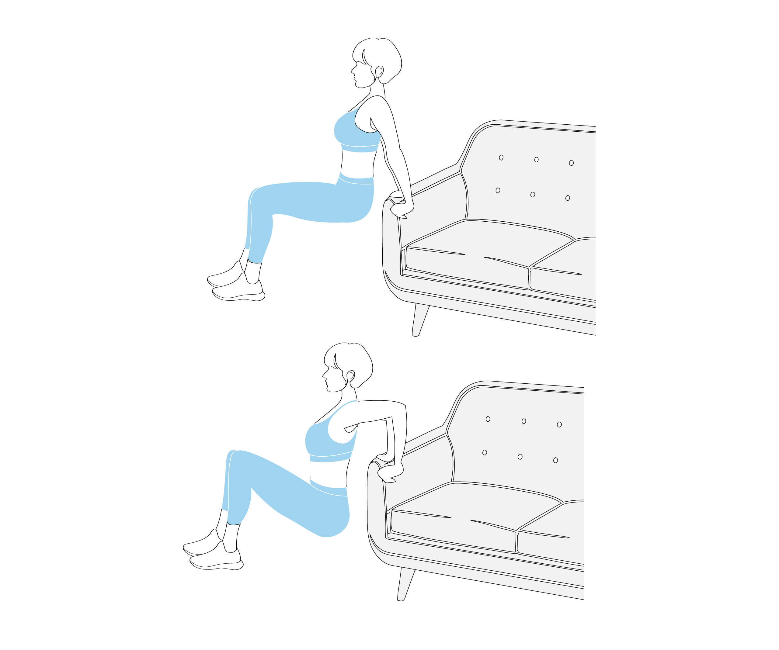 Die Infografik zeigt die Übung Dips am Sofa. Die Übung wird im Text beschrieben. 