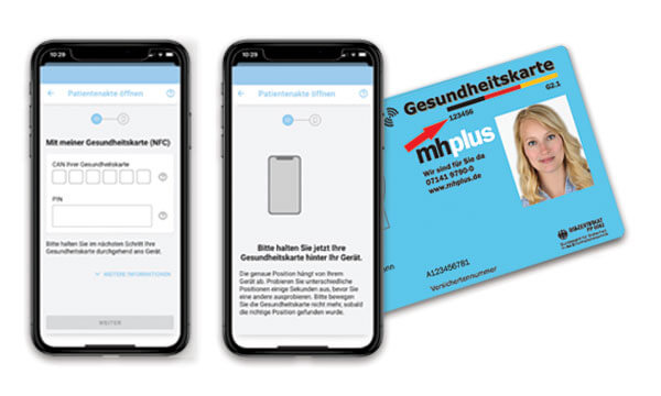 Zu sehen ist die Anmelung an der elektronischen Patientenakte und die mhplus-Gesundheitskarte. 