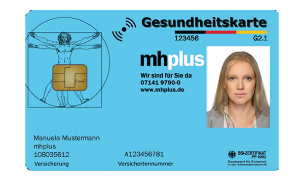 Die mhplus-Gesundheitskarte. Sie ist blau. Auf ihr ist der Name, die Versichertennummer, die Versicherungnummer und die Anschrift aufgebracht. Das Foto des Versicherten ist biomatrisch. Die Karte ist nfc-fähig.